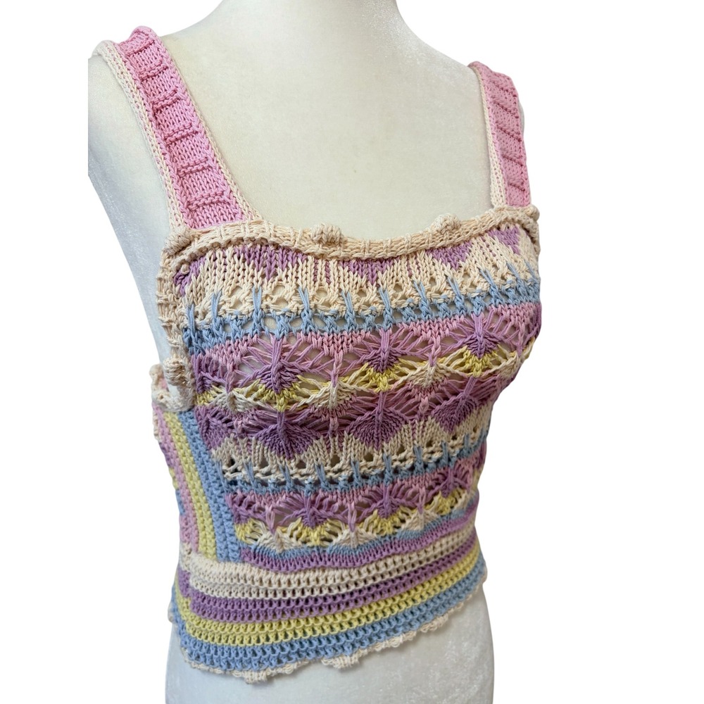 Zara Pastel Crochet Knit Small Crop Top Multi Color Boho Summer Cotton Tank - Picture 3 of 8